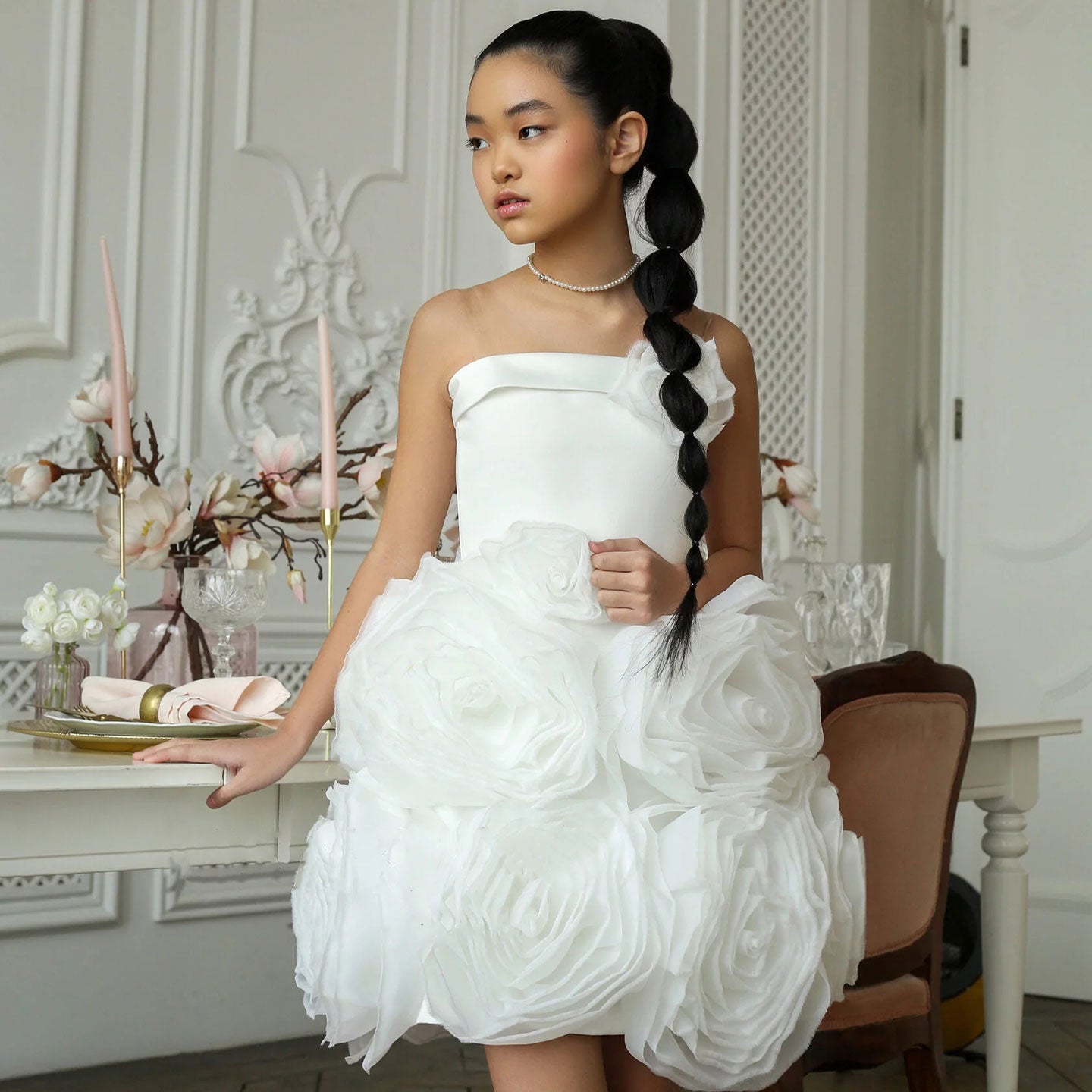 Fuchsia Girl Dress with Handmade Flowers White Birthday Gown J157