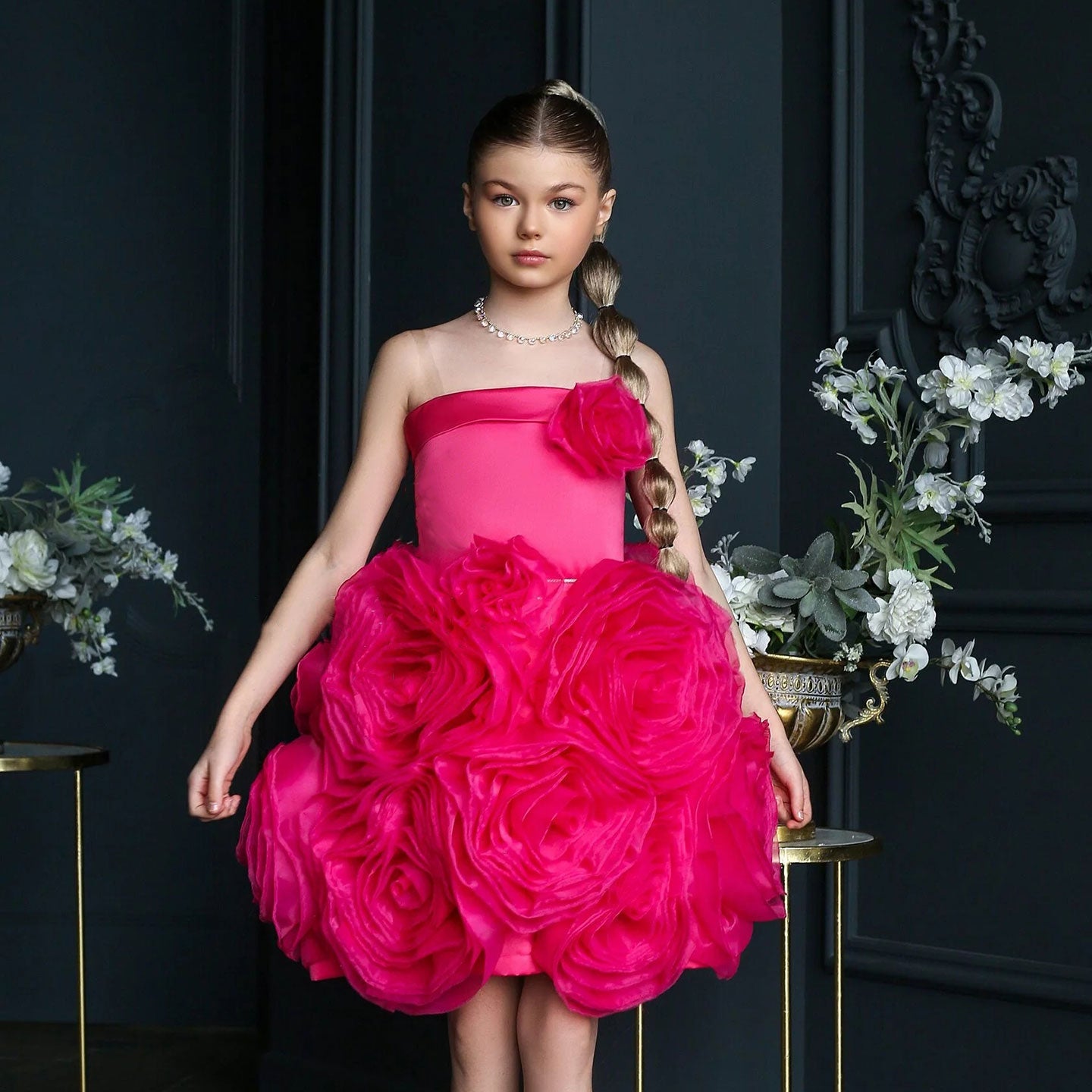 Fuchsia Girl Dress with Handmade Flowers White Birthday Gown J157