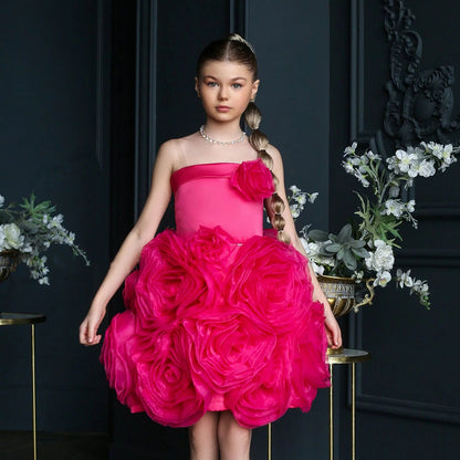 Fuchsia Girl Dress with Handmade Flowers White Birthday Gown J157
