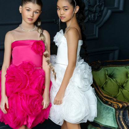 Fuchsia Girl Dress with Handmade Flowers White Birthday Gown J157