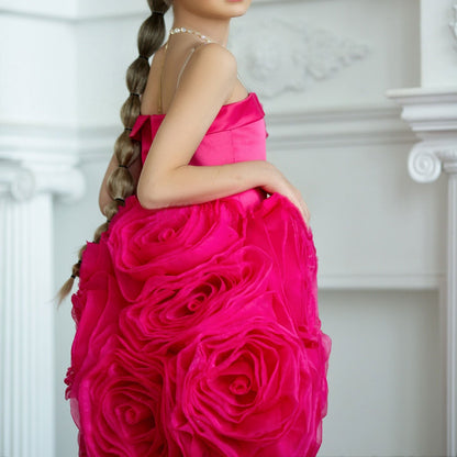 Fuchsia Girl Dress with Handmade Flowers White Birthday Gown J157
