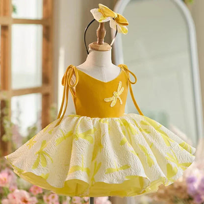 Elegant Gold Girl Dress with Bow Ball Gown J006