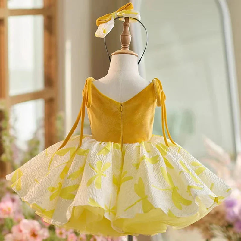 Elegant Gold Girl Dress with Bow Ball Gown J006