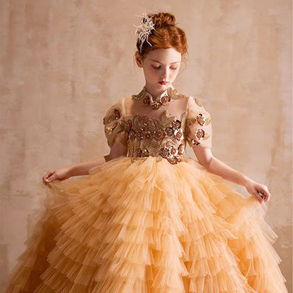 Elegant Gold High-Neck Girl Dress Tiered Princess Birthday Gown J298