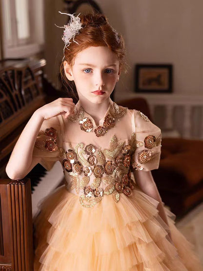 Elegant Gold High-Neck Girl Dress Tiered Princess Birthday Gown J298