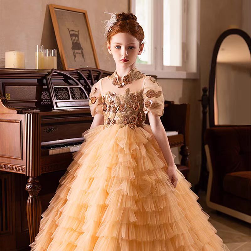 Elegant Gold High-Neck Girl Dress Tiered Princess Birthday Gown J298