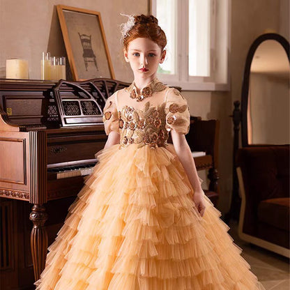 Elegant Gold High-Neck Girl Dress Tiered Princess Birthday Gown J298