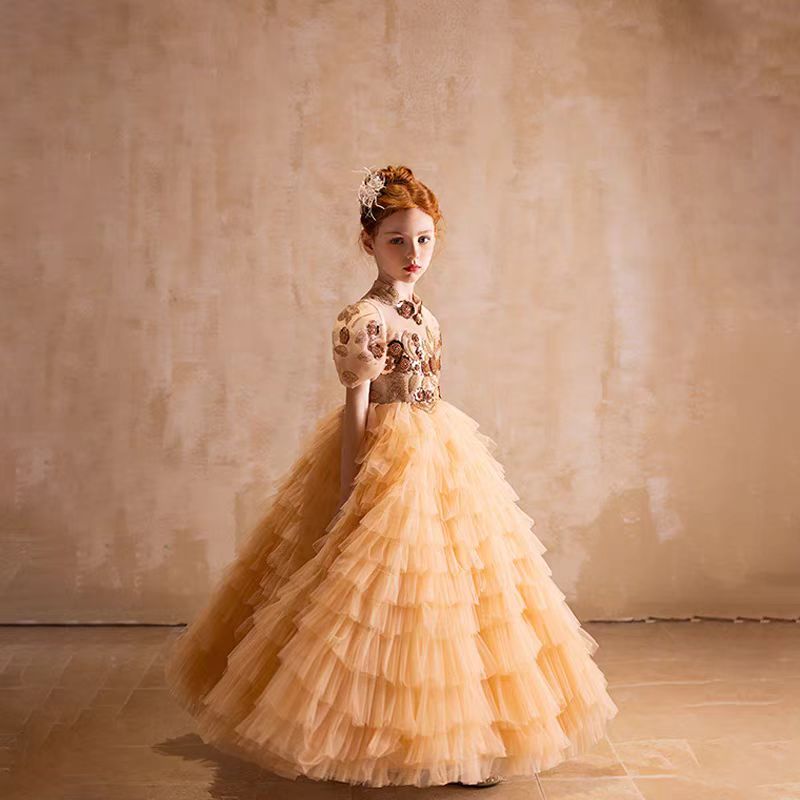 Elegant Gold High-Neck Girl Dress Tiered Princess Birthday Gown J298