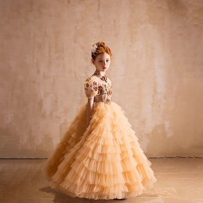 Elegant Gold High-Neck Girl Dress Tiered Princess Birthday Gown J298