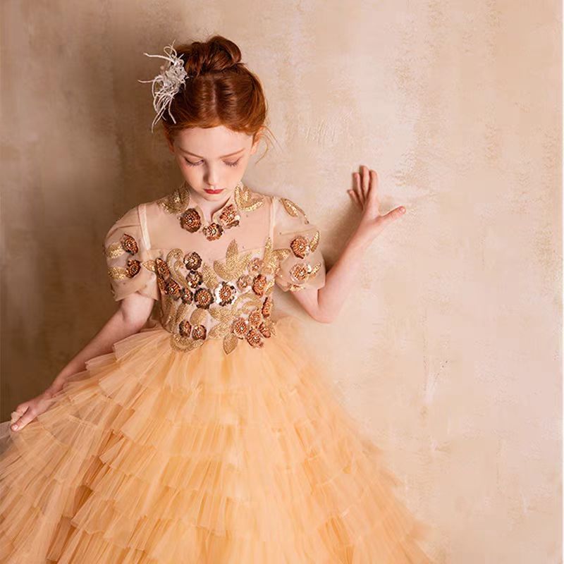 Elegant Gold High-Neck Girl Dress Tiered Princess Birthday Gown J298