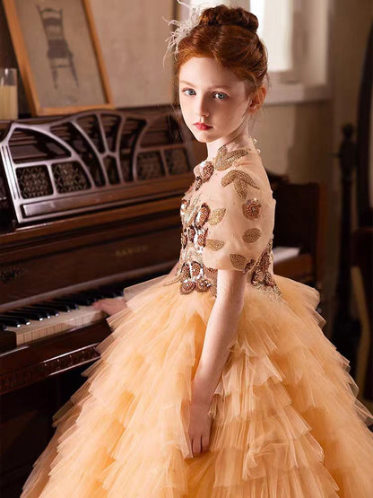 Elegant Gold High-Neck Girl Dress Tiered Princess Birthday Gown J298