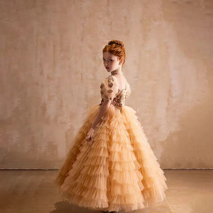 Elegant Gold High-Neck Girl Dress Tiered Princess Birthday Gown J298
