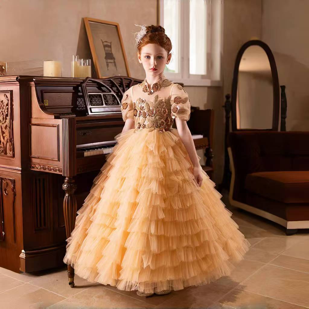 Elegant Gold High-Neck Girl Dress Tiered Princess Birthday Gown J298