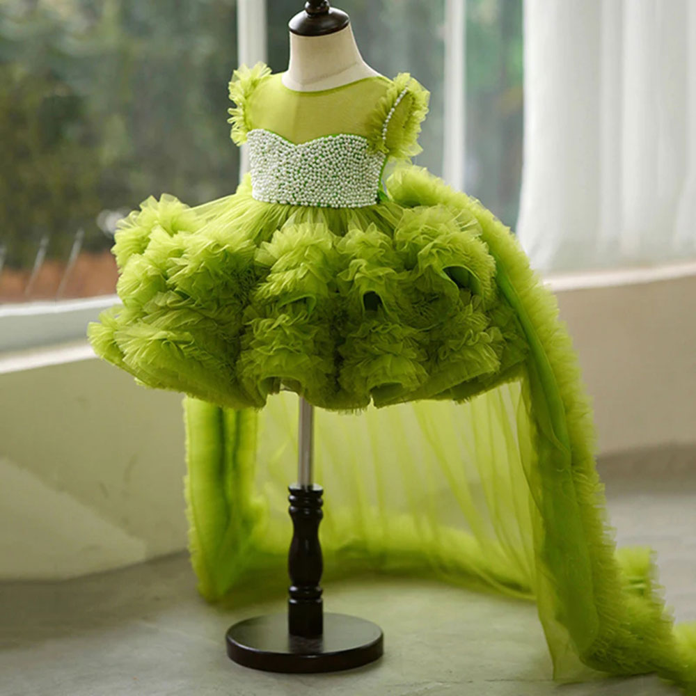 Elegant Green Pearls Flower Girl Dress Princess Baby Kids Gown J301