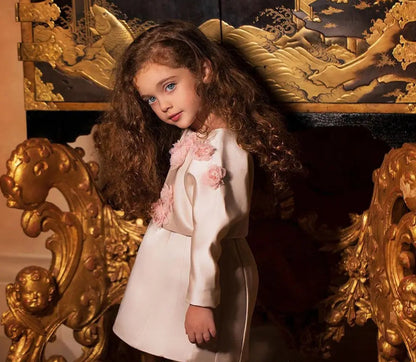 Elegant Ivory Two Piece Girl Dress 3D Flowers Satin Princess J207