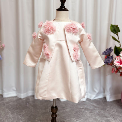 Elegant Ivory Two Piece Girl Dress 3D Flowers Satin Princess J207