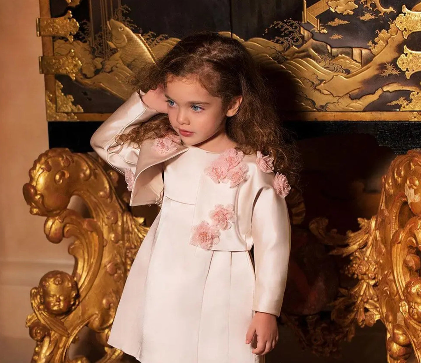 Elegant Ivory Two Piece Girl Dress 3D Flowers Satin Princess J207