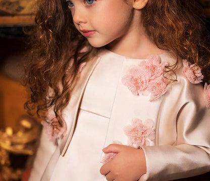Elegant Ivory Two Piece Girl Dress 3D Flowers Satin Princess J207