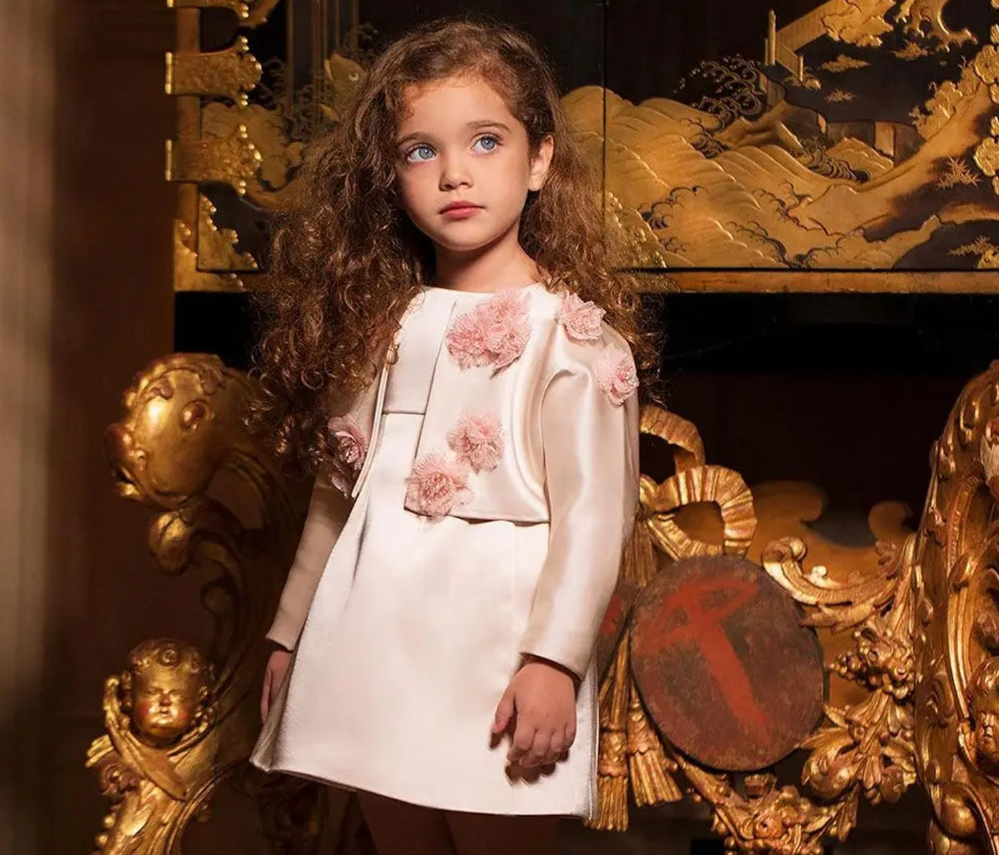 Elegant Ivory Two Piece Girl Dress 3D Flowers Satin Princess J207