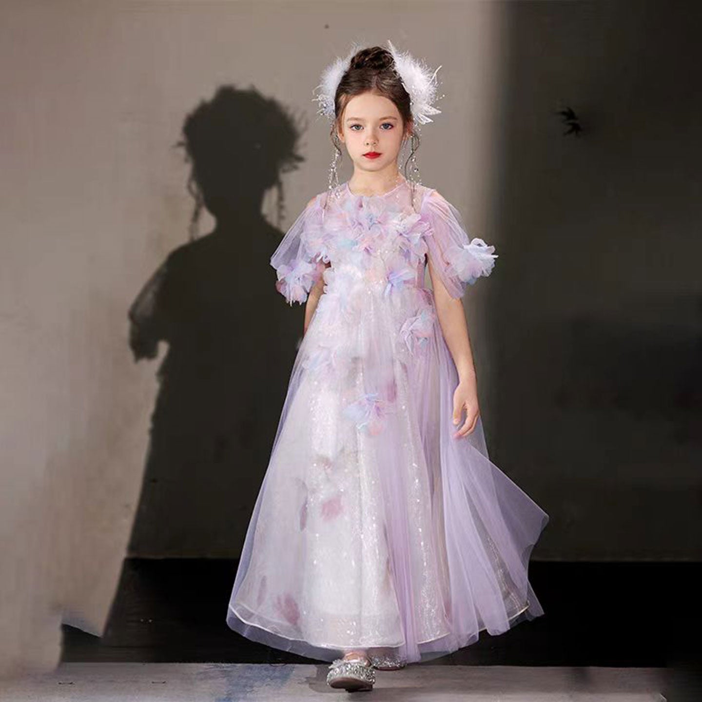 Elegant Lilac 3D Flowers Off Shoulder Birthday Girl Dress J191