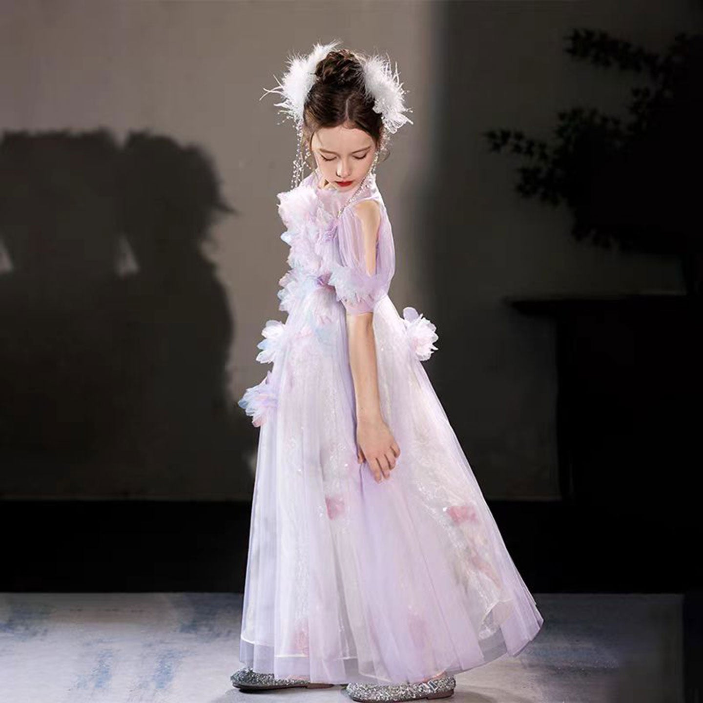 Elegant Lilac 3D Flowers Off Shoulder Birthday Girl Dress J191