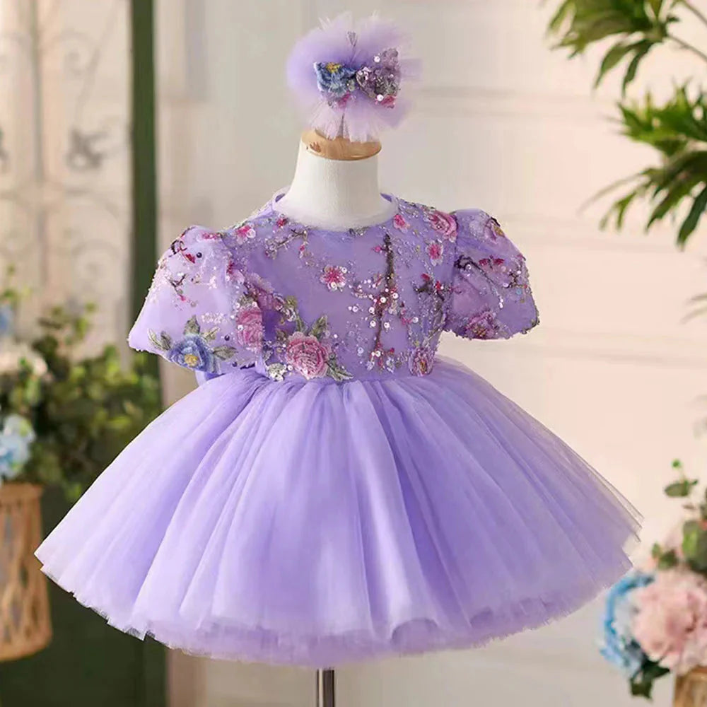 Elegant Lilac Girl Dress Sequined Dubai Kids Princess Knee Length J266