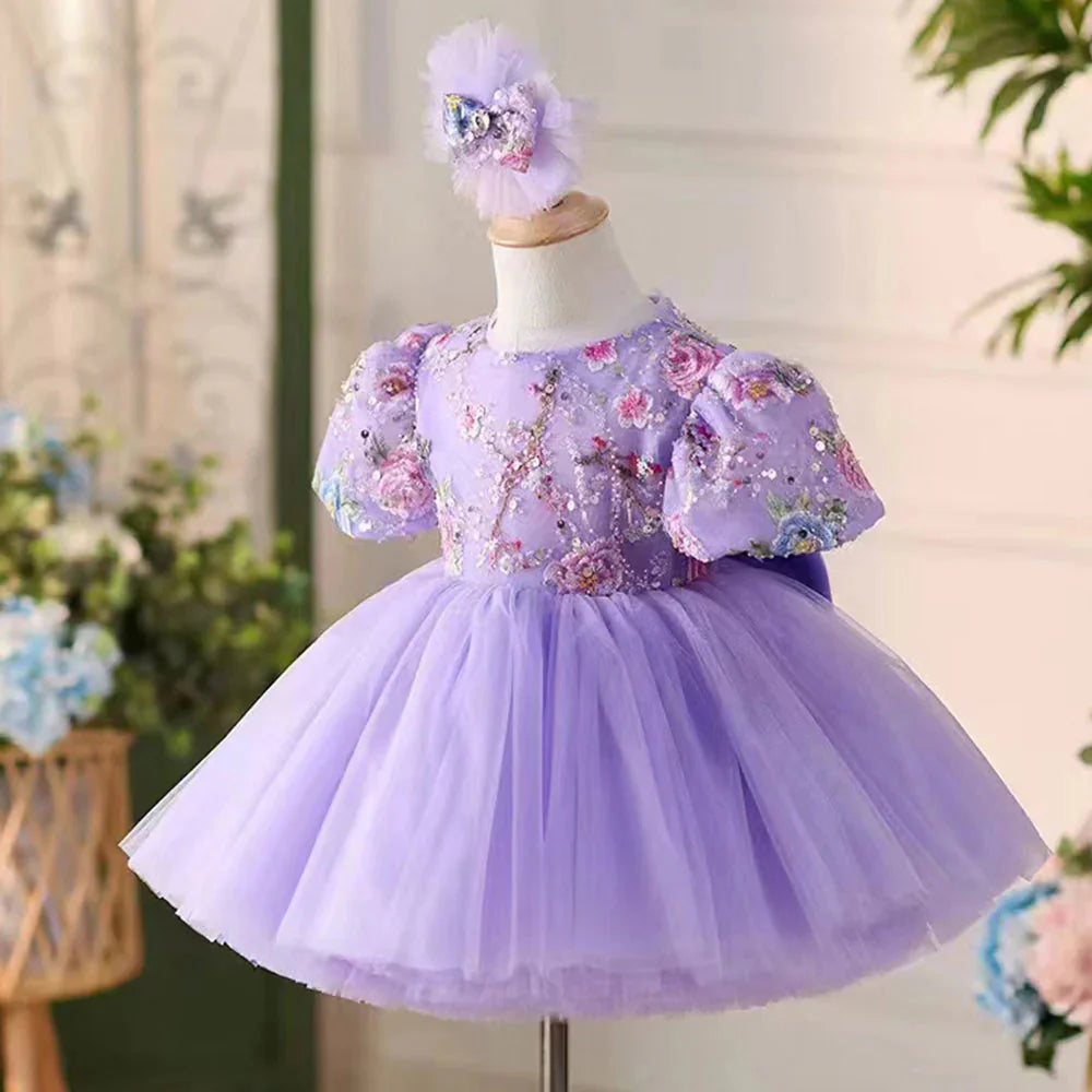Elegant Lilac Girl Dress Sequined Dubai Kids Princess Knee Length J266