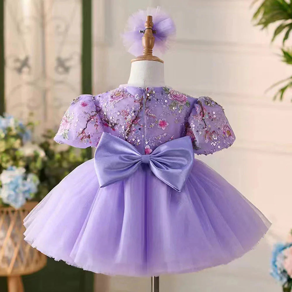 Elegant Lilac Girl Dress Sequined Dubai Kids Princess Knee Length J266