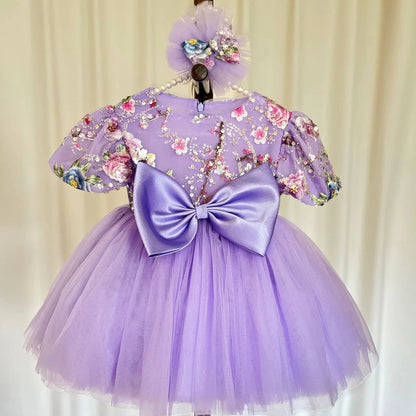 Elegant Lilac Girl Dress Sequined Dubai Kids Princess Knee Length J266