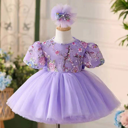 Elegant Lilac Girl Dress Sequined Dubai Kids Princess Knee Length J266