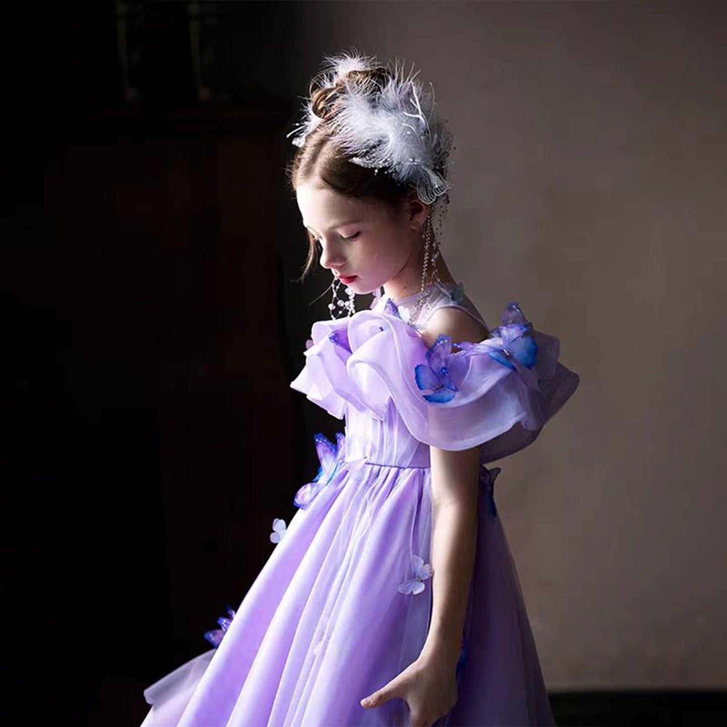 Elegant Lilac Off Shoulder Girl Dress with Butterfly J199