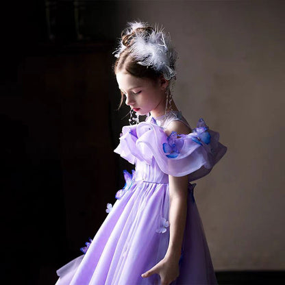 Elegant Lilac Off Shoulder Girl Dress with Butterfly J199
