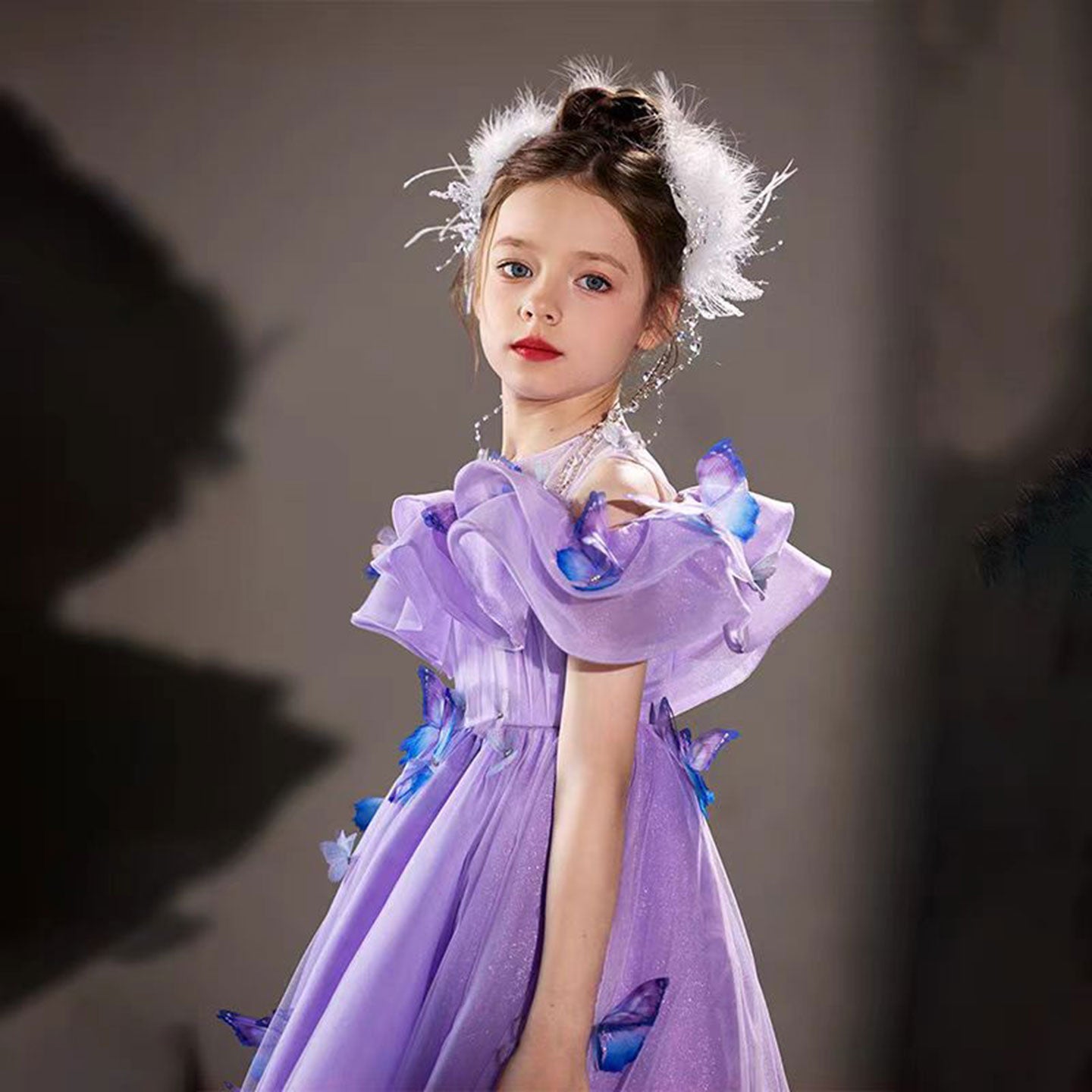 Elegant Lilac Off Shoulder Girl Dress with Butterfly J199