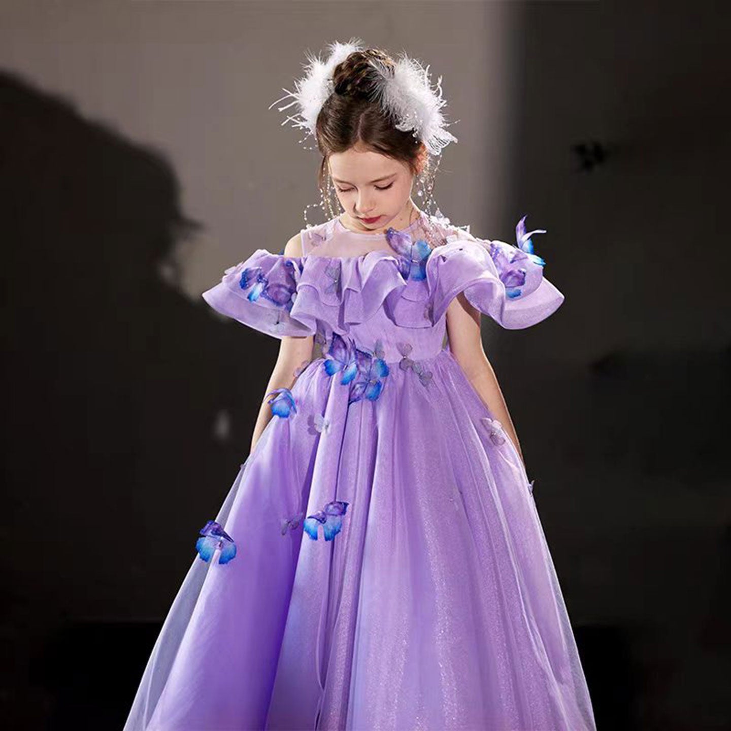 Elegant Lilac Off Shoulder Girl Dress with Butterfly J199