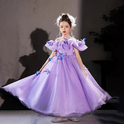 Elegant Lilac Off Shoulder Girl Dress with Butterfly J199