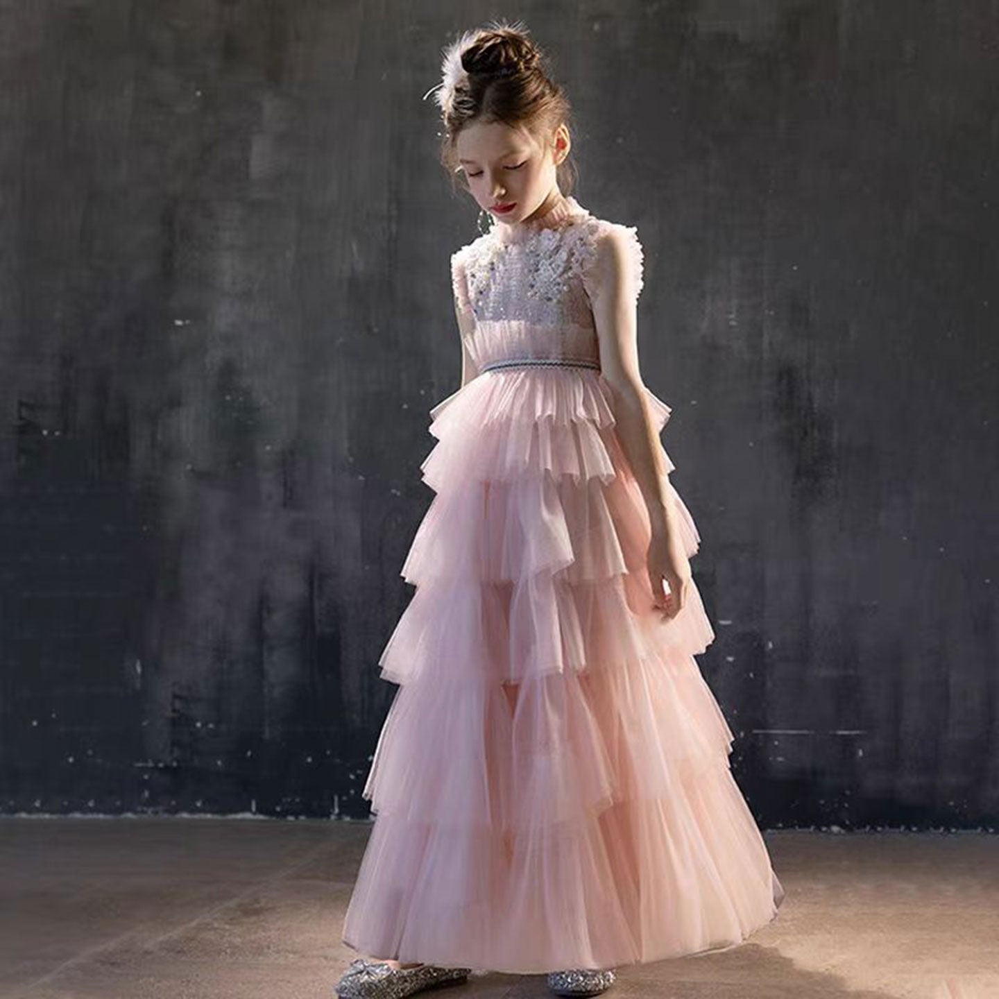 Elegant Pearls Pink Arabic A-Line Birthday Girl Dress J114