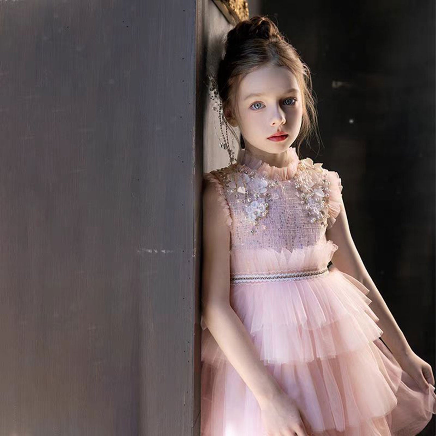 Elegant Pearls Pink Arabic A-Line Birthday Girl Dress J114