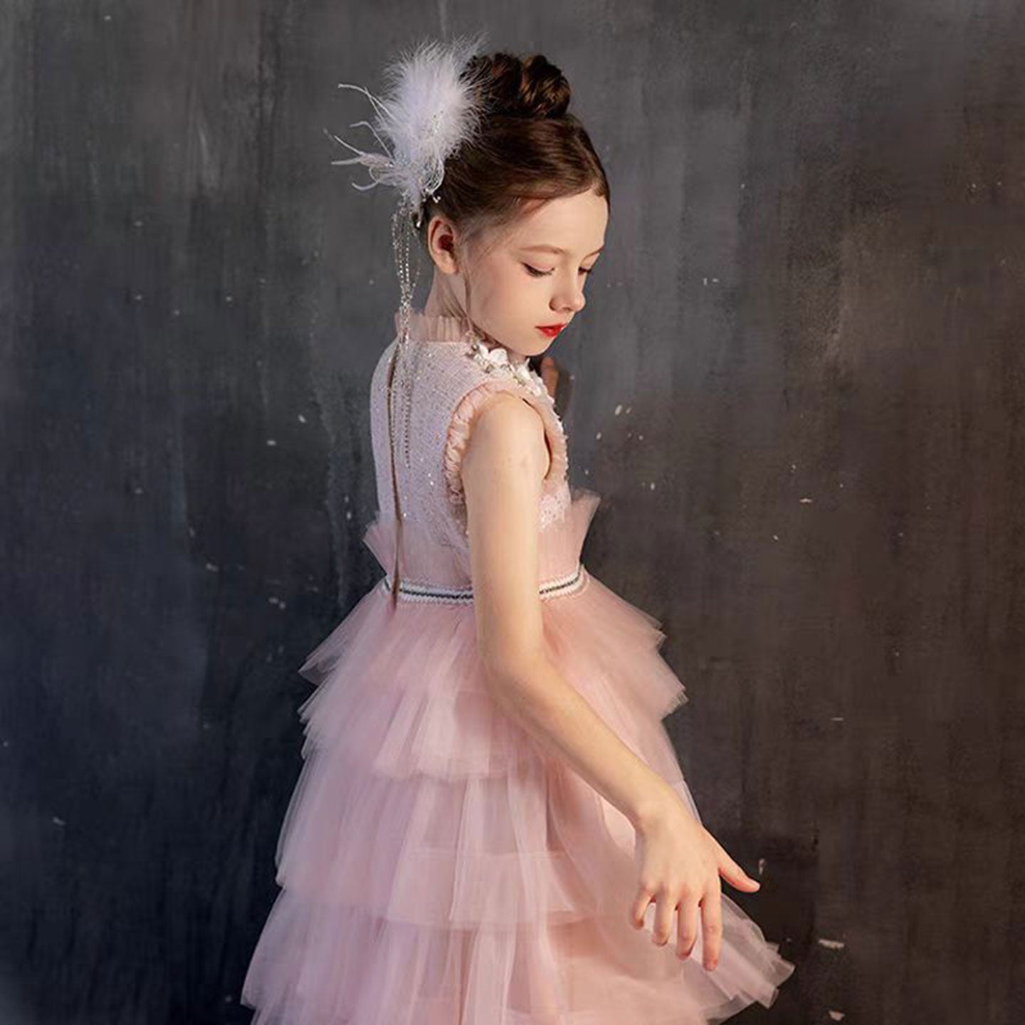 Elegant Pearls Pink Arabic A-Line Birthday Girl Dress J114