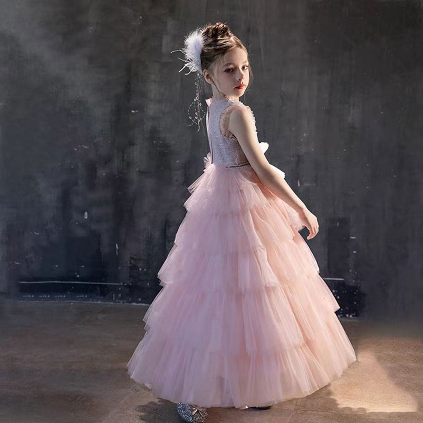 Elegant Pearls Pink Arabic A-Line Birthday Girl Dress J114