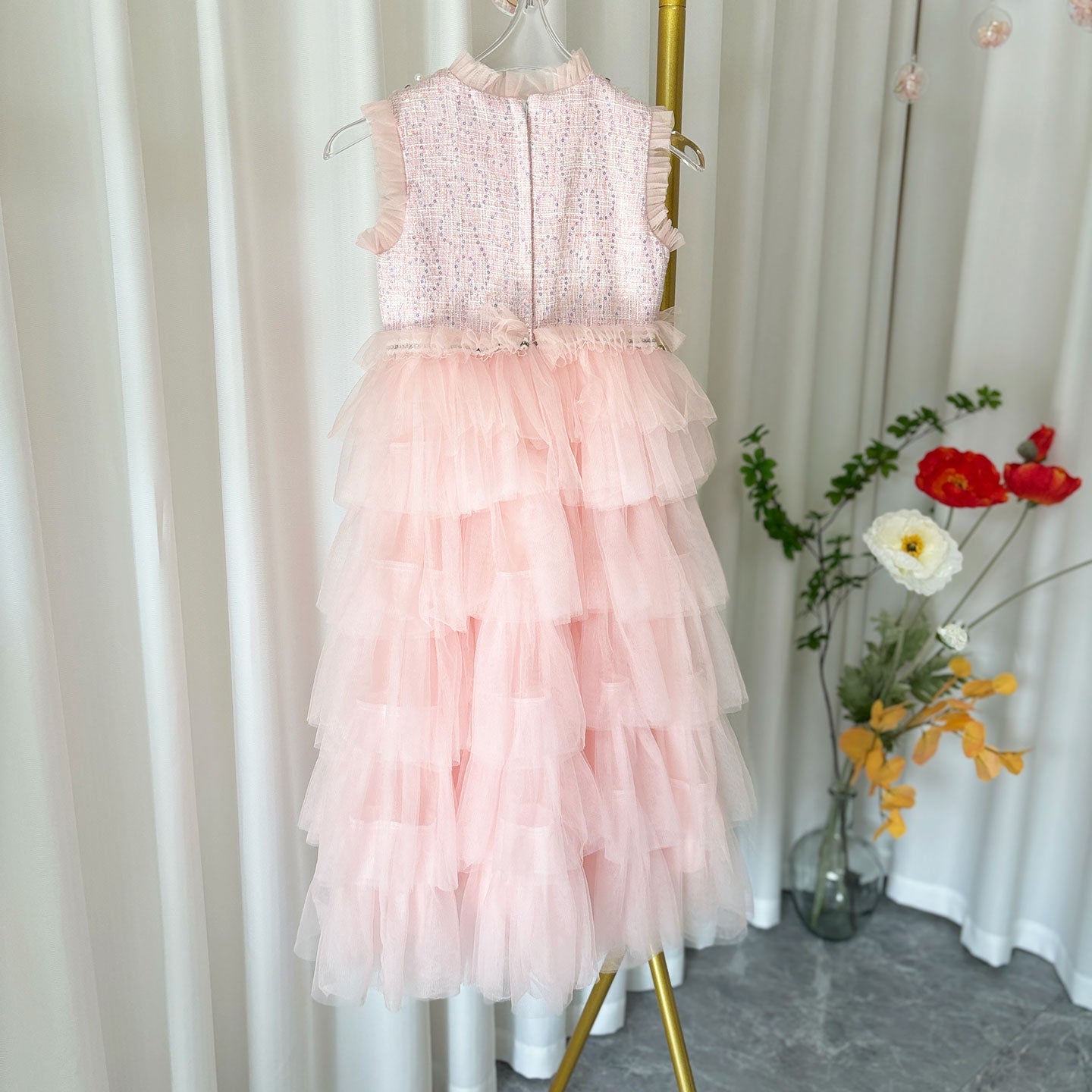 Elegant Pearls Pink Arabic A-Line Birthday Girl Dress J114
