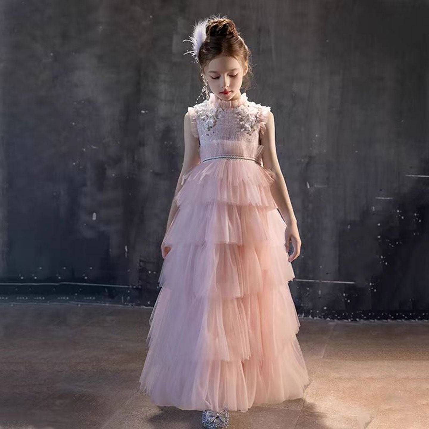 Elegant Pearls Pink Arabic A-Line Birthday Girl Dress J114