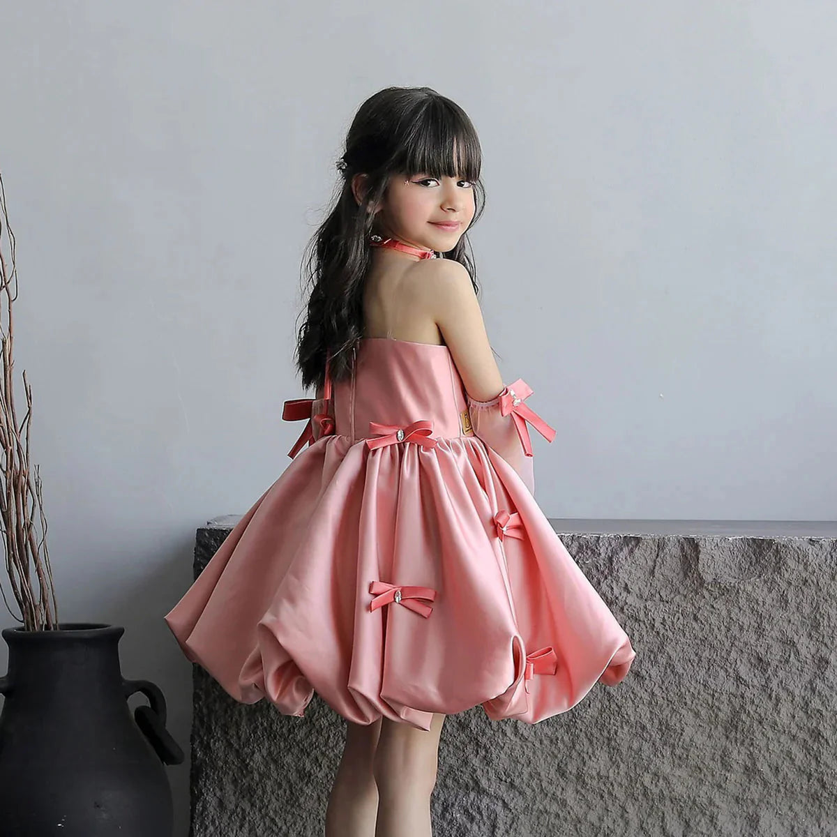 Elegant Pink Arabic Flower Girl Dresses with Glove Backless for Kids J100