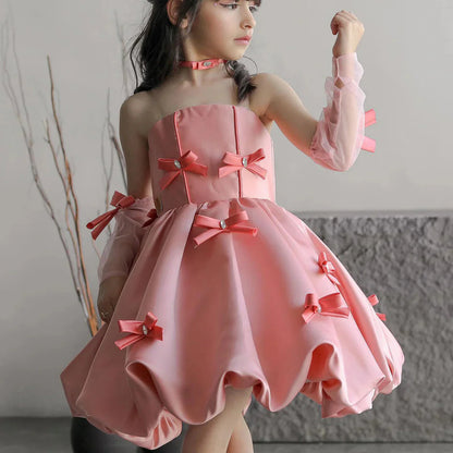 Elegant Pink Arabic Flower Girl Dresses with Glove Backless for Kids J100