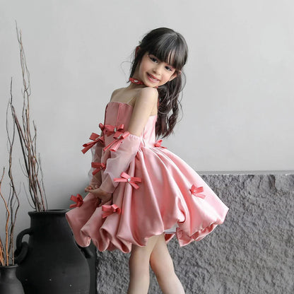 Elegant Pink Arabic Flower Girl Dresses with Glove Backless for Kids J100