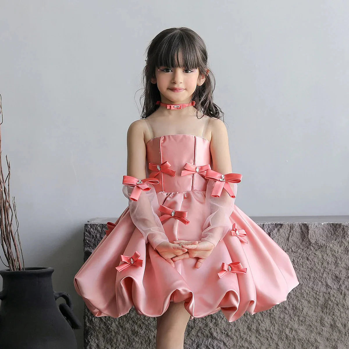 Elegant Pink Arabic Flower Girl Dresses with Glove Backless for Kids J100