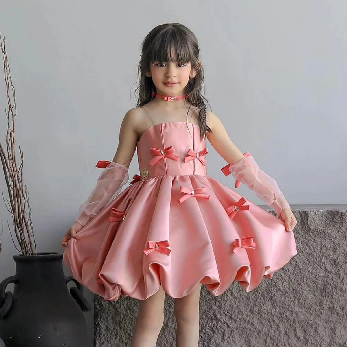 Elegant Pink Arabic Flower Girl Dresses with Glove Backless for Kids J100