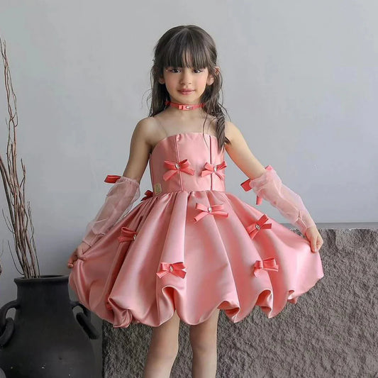 Elegant Pink Arabic Flower Girl Dresses with Glove Backless for Kids J100