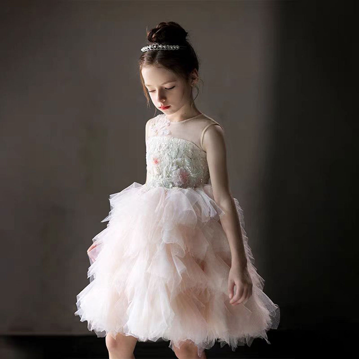 Elegant Pink Beading Birthday Girl Dress Knee Length J182