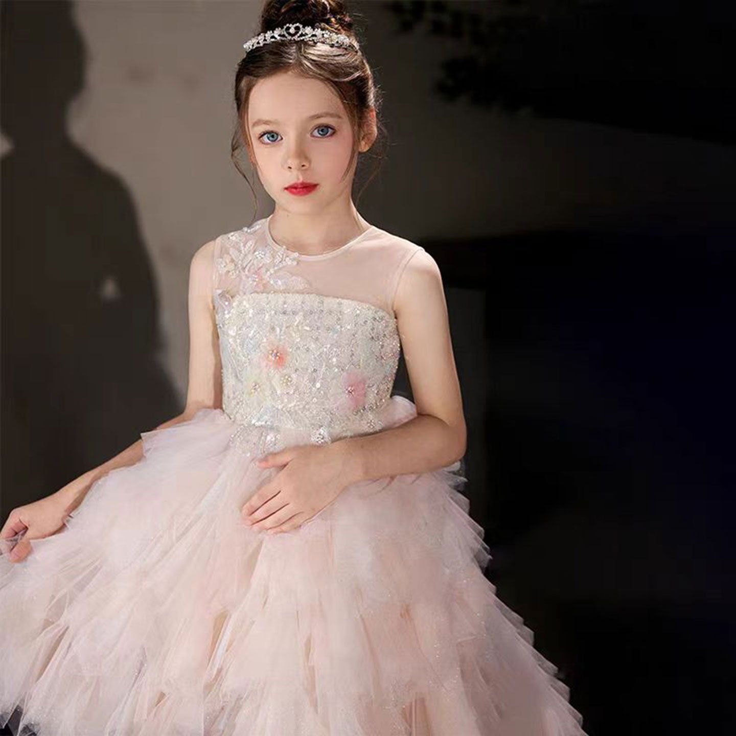 Elegant Pink Beading Birthday Girl Dress Knee Length J182