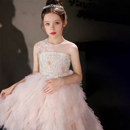 Elegant Pink Beading Birthday Girl Dress Knee Length J182